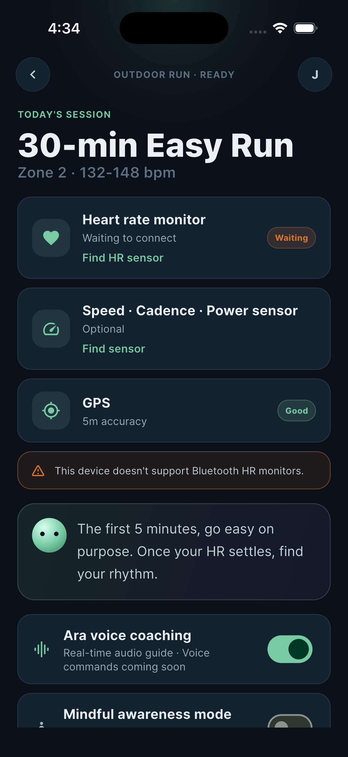 Workout prep — voice & meditation toggles